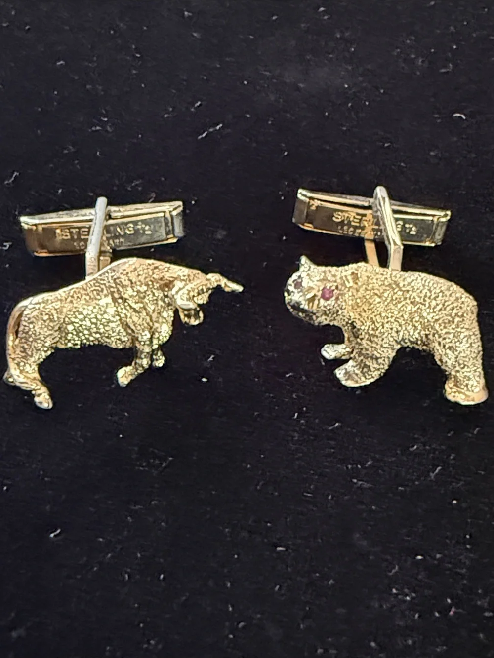 Les Bernard Vintage Sterling Silver Gold Vermeil Bull Bear Wall Street Cufflinks